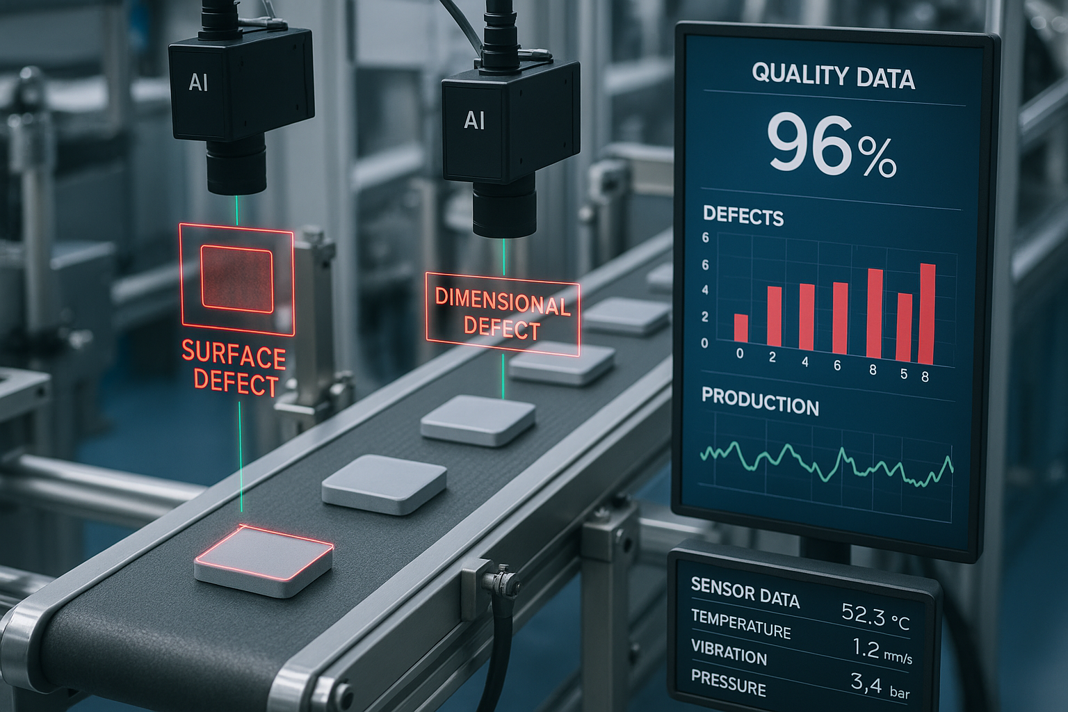 Here is a prompt to generate an image for quality control monitoringCreate an industrial quality control scene showing AIpowered machine vision systems inspecting products on a manufacturing line for surface and dimensional defects Include digital ov-3